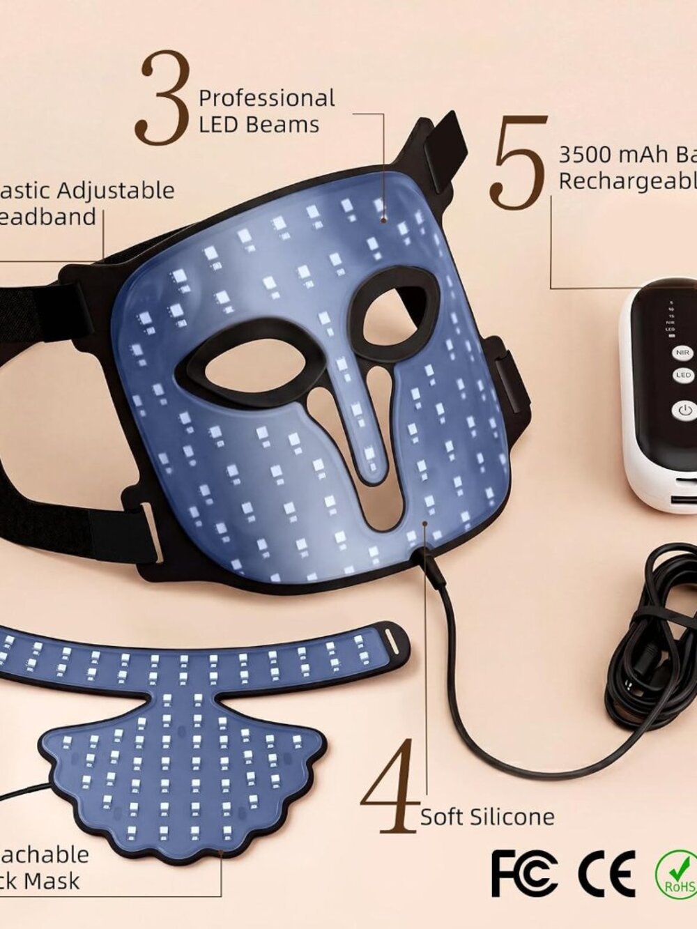 Kakusan Red Light LED Face and Neck Mask Blue and REd 850nm light with timer